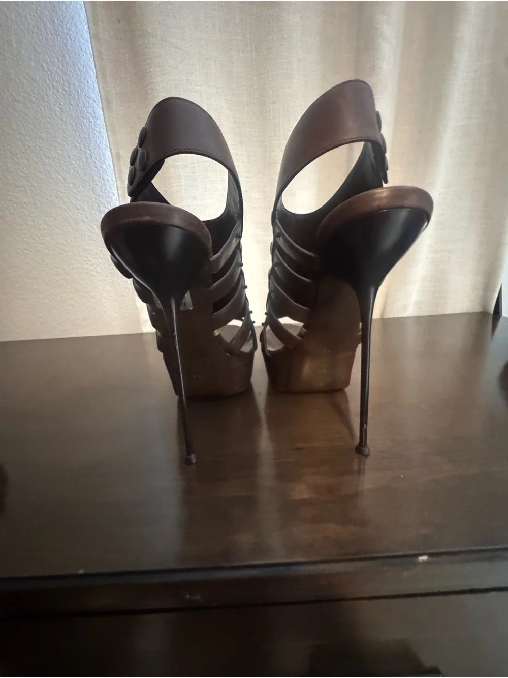 Gianmarco Lorenzi Dark Brown Studded Peep-Toe Platform Heels